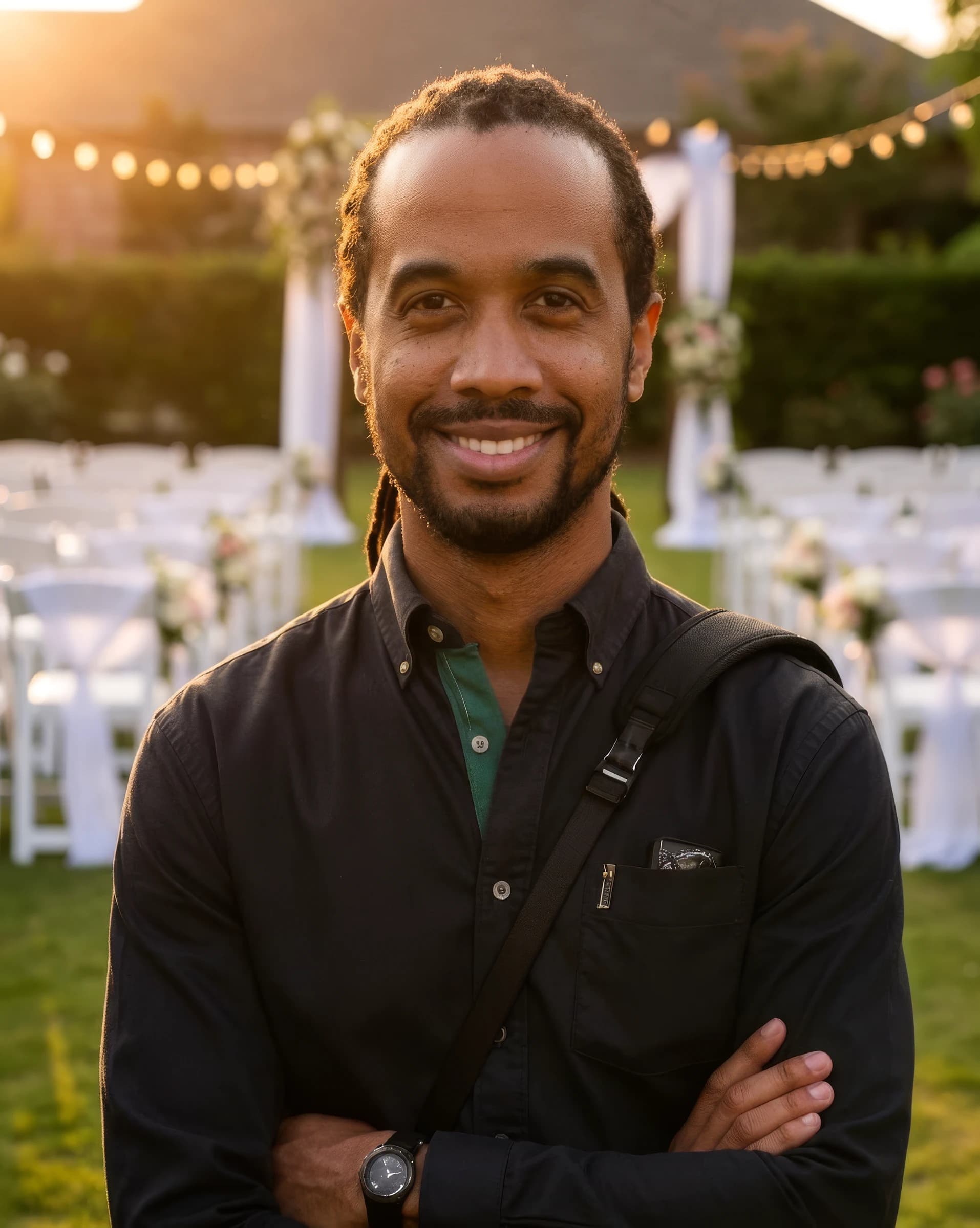 Christopher Thompson smiles at the camera at an outdoor wedding ceremony